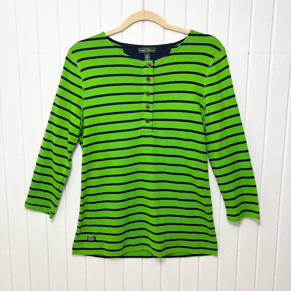 RLX Ralph Lauren Vibrant Green and Navy Striped Long Sleeve Top size L